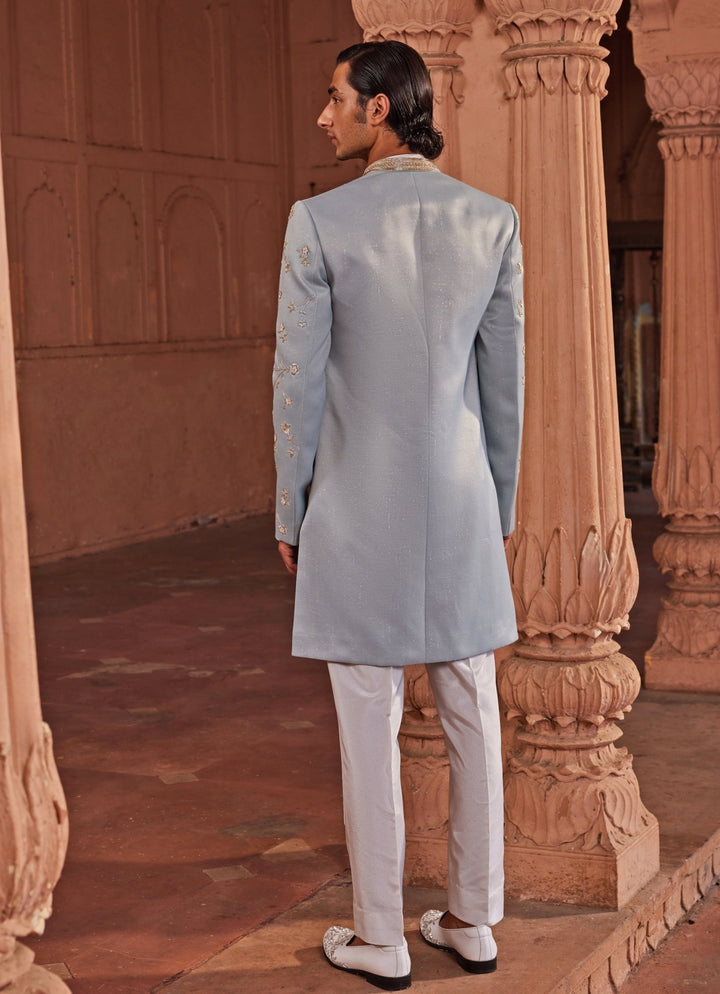 Aqua Blue Applique Sherwani Set Contrast By Parth - Fabilicious Fashion