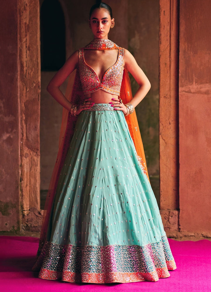 Aqua Blue Tissue Lehenga Set With Multicolour Blouse Angad Singh - Fabilicious Fashion