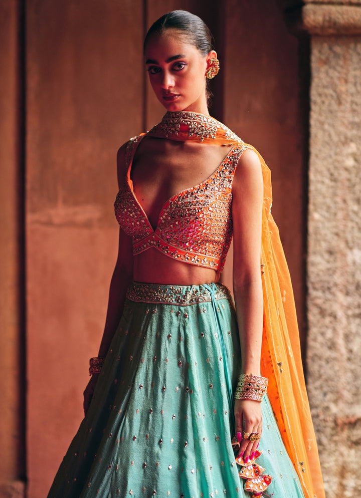 Aqua Blue Tissue Lehenga Set With Multicolour Blouse Angad Singh - Fabilicious Fashion