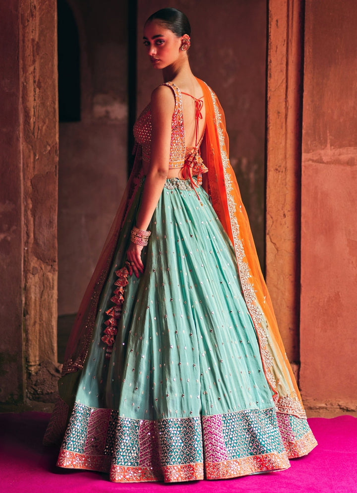 Aqua Blue Tissue Lehenga Set With Multicolour Blouse Angad Singh - Fabilicious Fashion