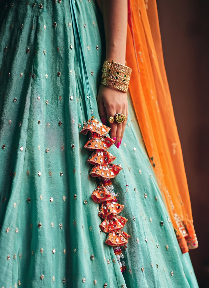 Aqua Blue Tissue Lehenga Set With Multicolour Blouse Angad Singh - Fabilicious Fashion