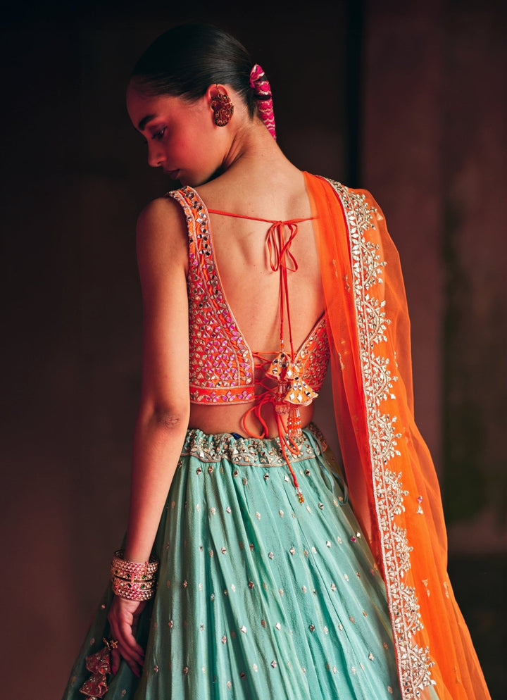 Aqua Blue Tissue Lehenga Set With Multicolour Blouse Angad Singh - Fabilicious Fashion