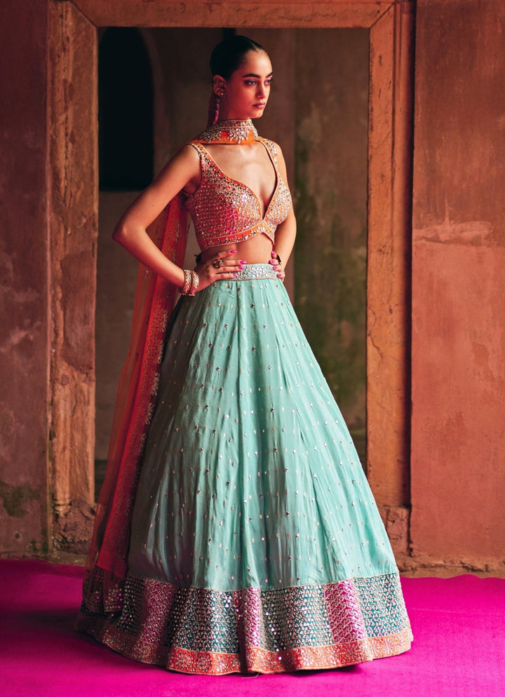 Aqua Blue Tissue Lehenga Set With Multicolour Blouse Angad Singh - Fabilicious Fashion
