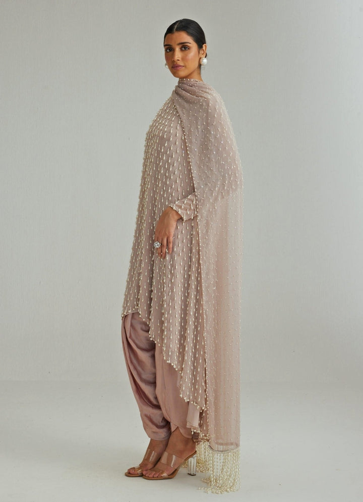 Ash Pink Embroidered Kurta With Dhoti Salwar And Dupatta Vvani by Vani Vats - Fabilicious Fashion