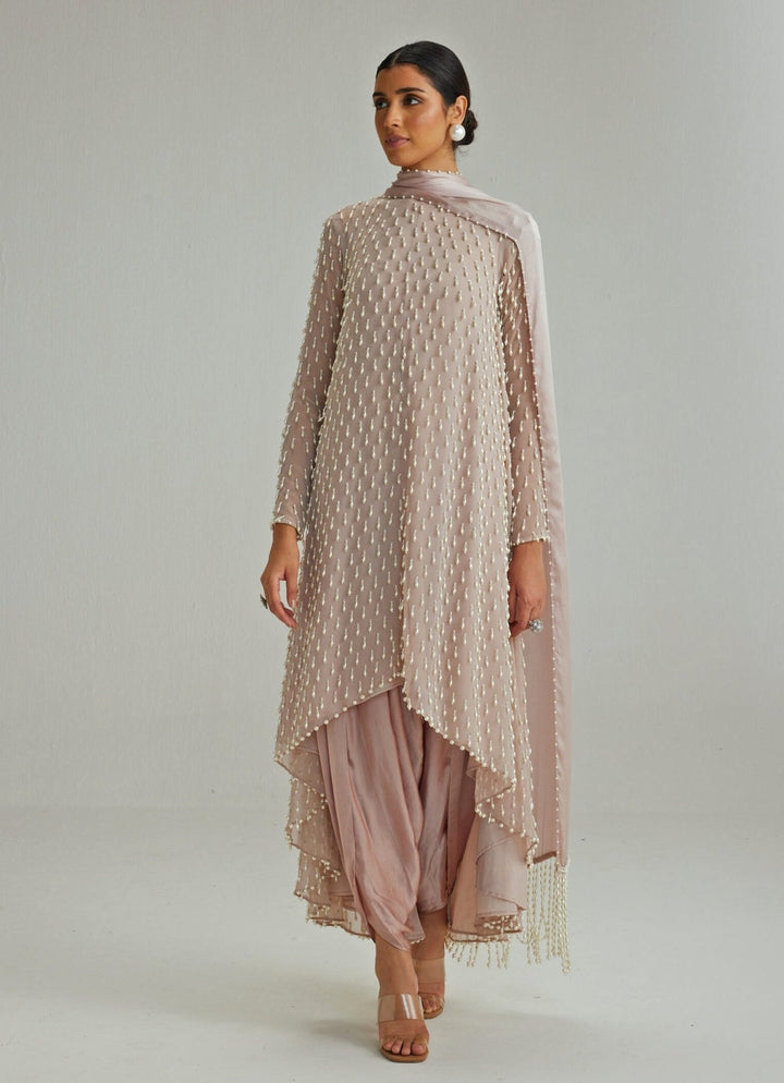 Ash Pink Embroidered Kurta With Dhoti Salwar And Dupatta Vvani by Vani Vats - Fabilicious Fashion