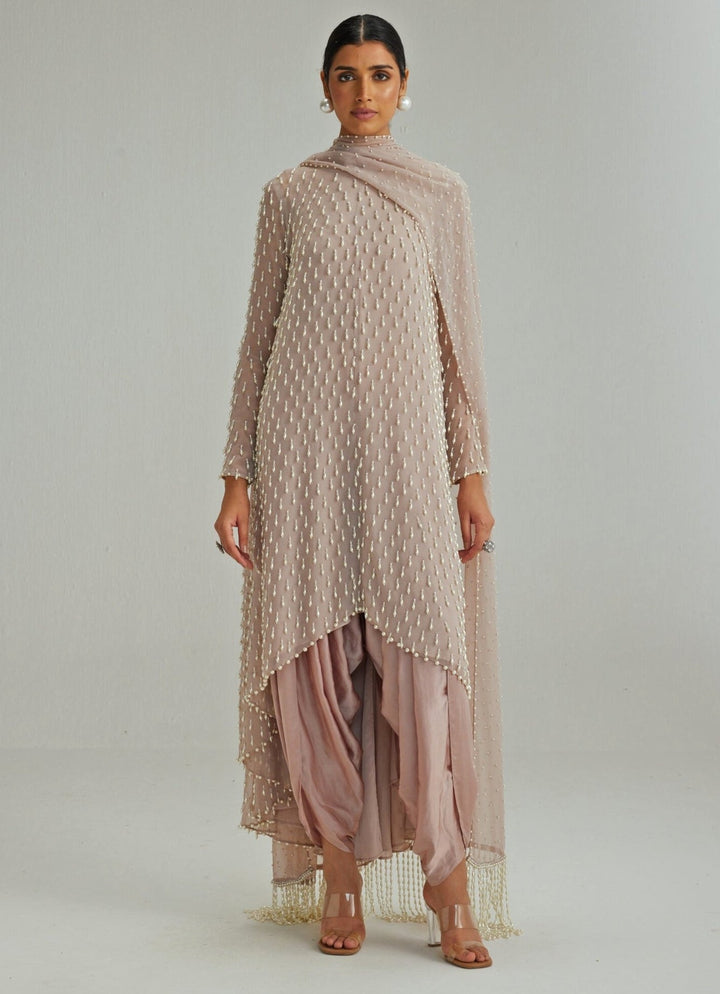 Ash Pink Embroidered Kurta With Dhoti Salwar And Dupatta Vvani by Vani Vats - Fabilicious Fashion