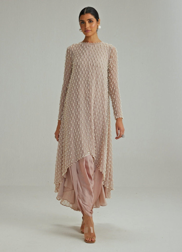 Ash Pink Embroidered Kurta With Dhoti Salwar And Dupatta Vvani by Vani Vats - Fabilicious Fashion