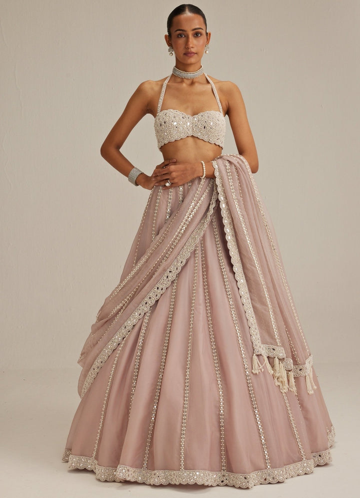 Ash Pink Organza Lehenga With Halter Blouse Vvani by Vani Vats - Fabilicious Fashion