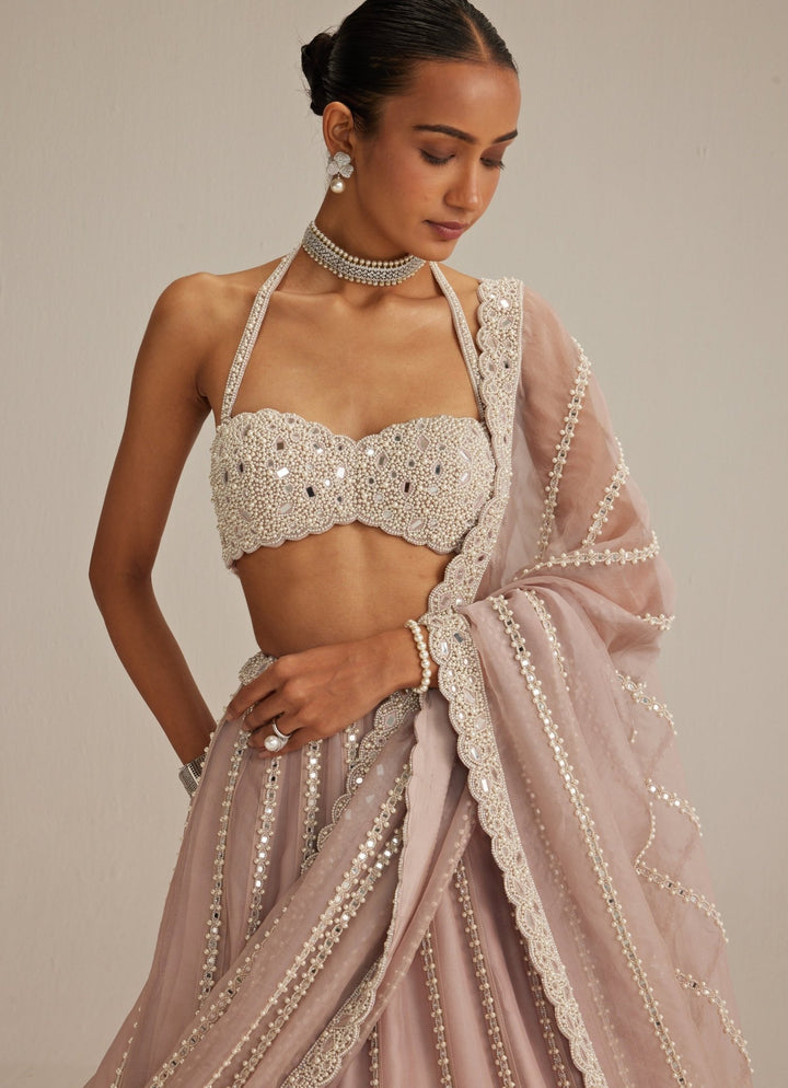 Ash Pink Organza Lehenga With Halter Blouse Vvani by Vani Vats - Fabilicious Fashion
