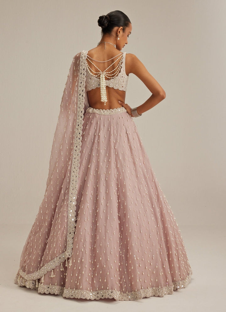 Ash Pink Pearl Drop Organza Lehenga Set Vvani by Vani Vats - Fabilicious Fashion