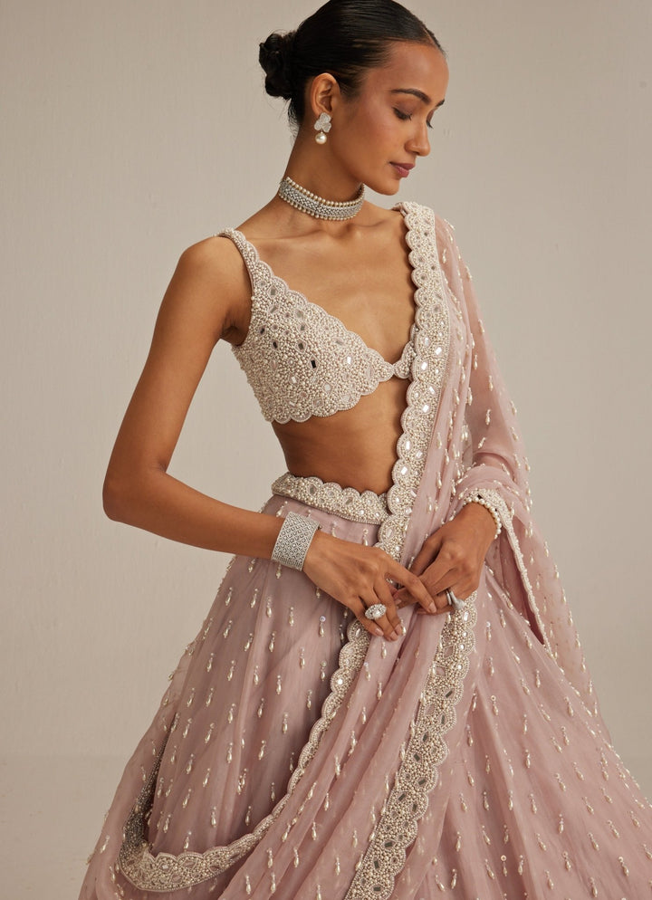 Ash Pink Pearl Drop Organza Lehenga Set Vvani by Vani Vats - Fabilicious Fashion