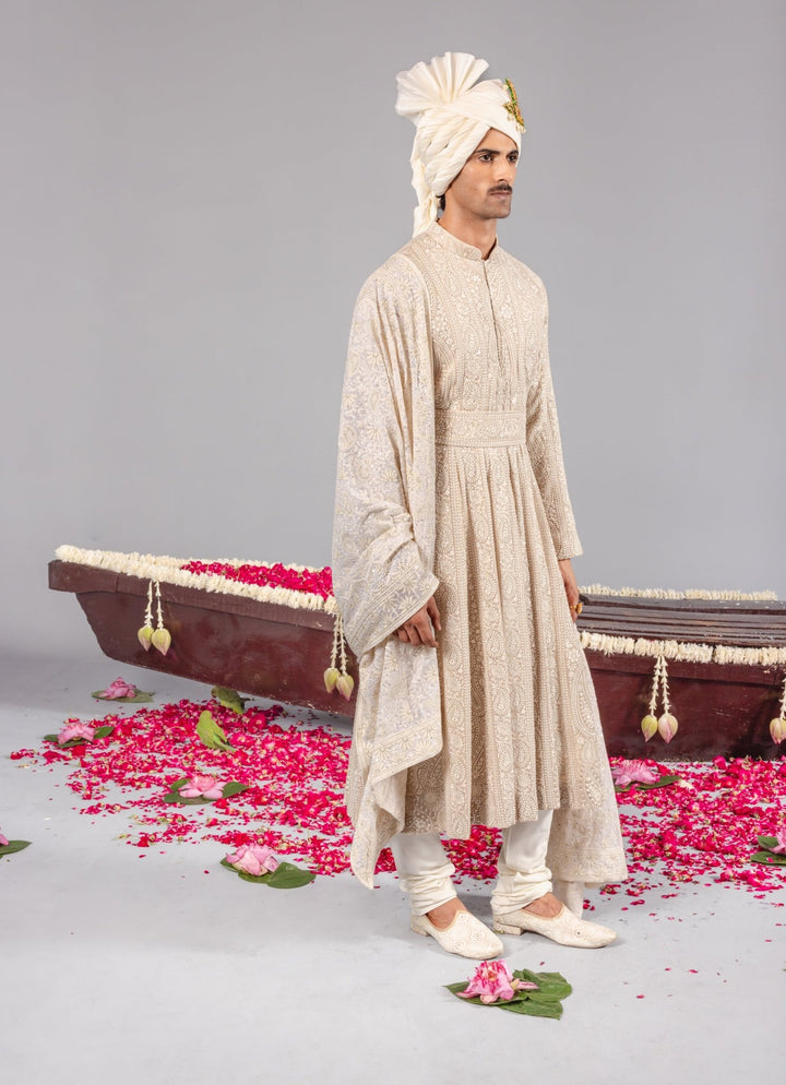 Beige Embroidered Georgette Sherwani Set Kalpraag - Fabilicious Fashion