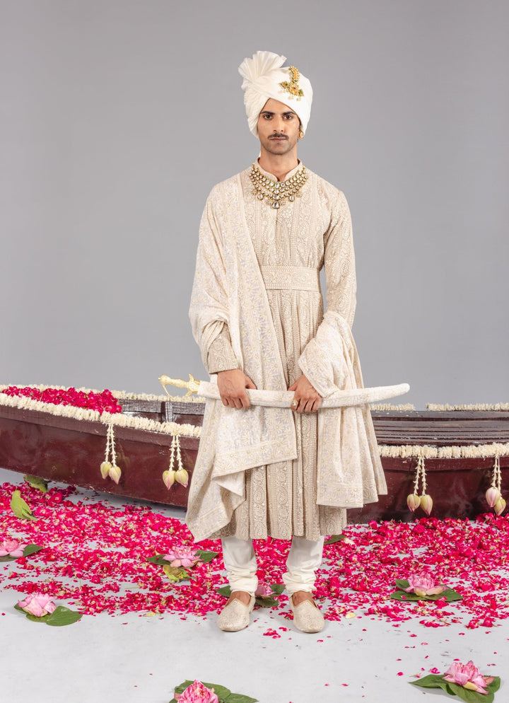 Beige Embroidered Georgette Sherwani Set Kalpraag - Fabilicious Fashion
