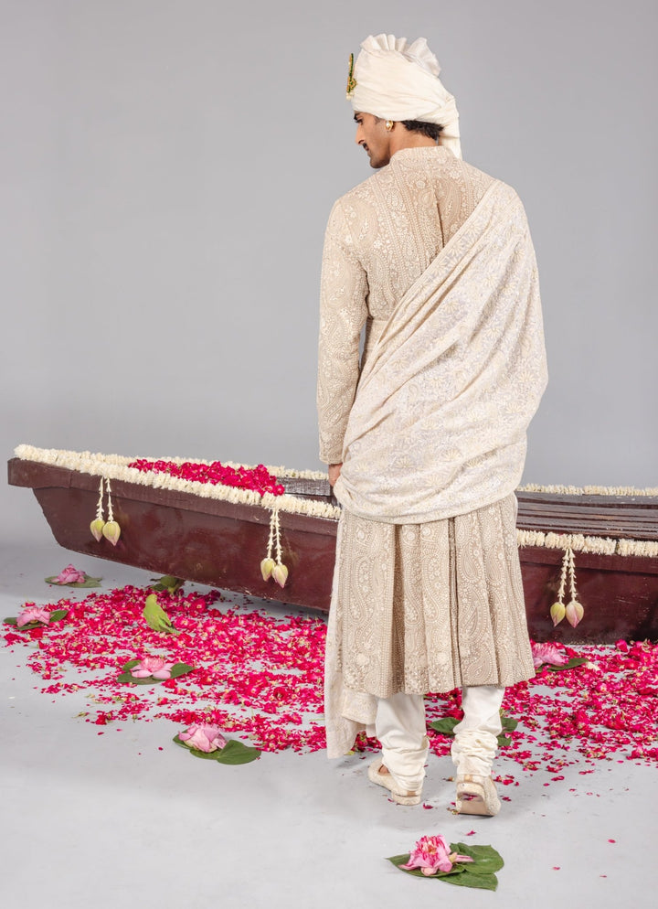 Beige Embroidered Georgette Sherwani Set Kalpraag - Fabilicious Fashion