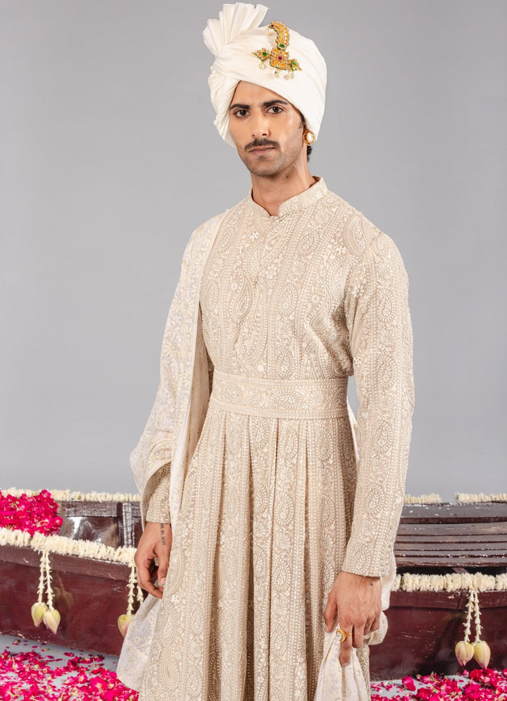 Beige Embroidered Georgette Sherwani Set Kalpraag - Fabilicious Fashion