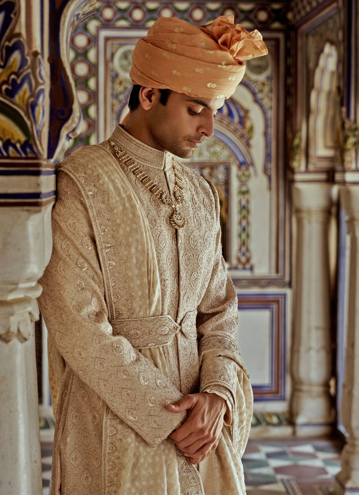 Beige Embroidered Silk Sherwani Nitika Gujral - Men - Fabilicious Fashion