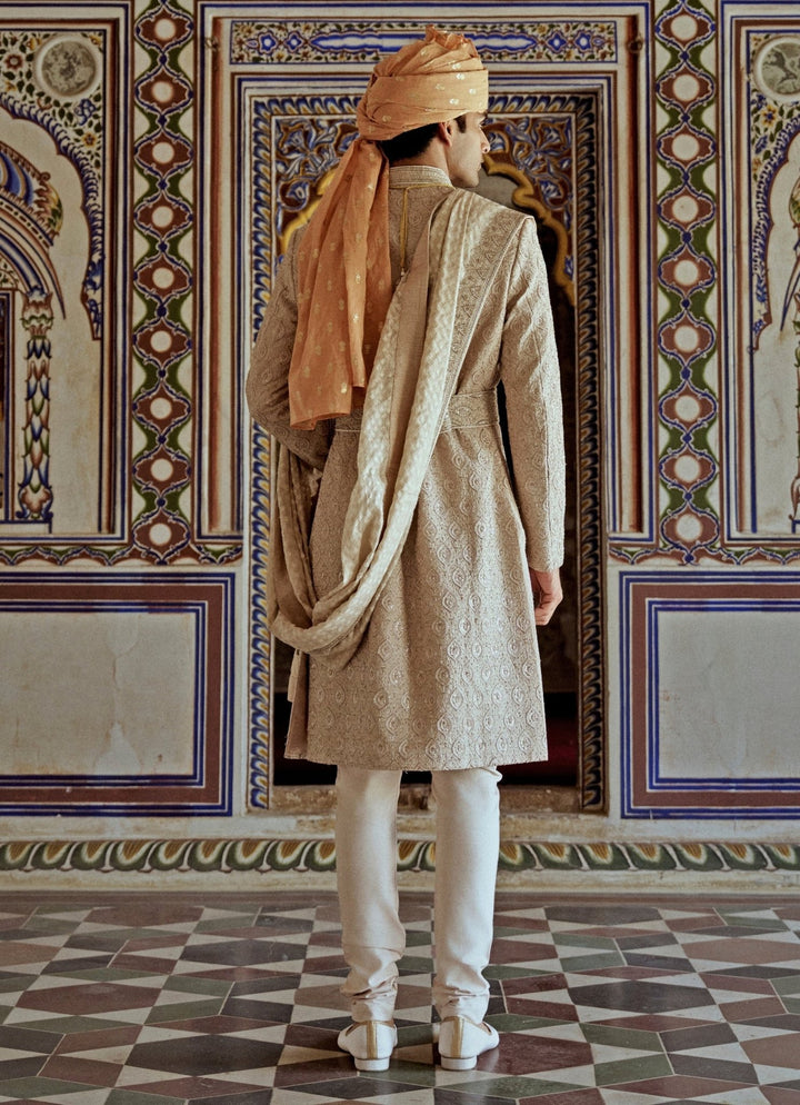 Beige Embroidered Silk Sherwani Nitika Gujral - Men - Fabilicious Fashion