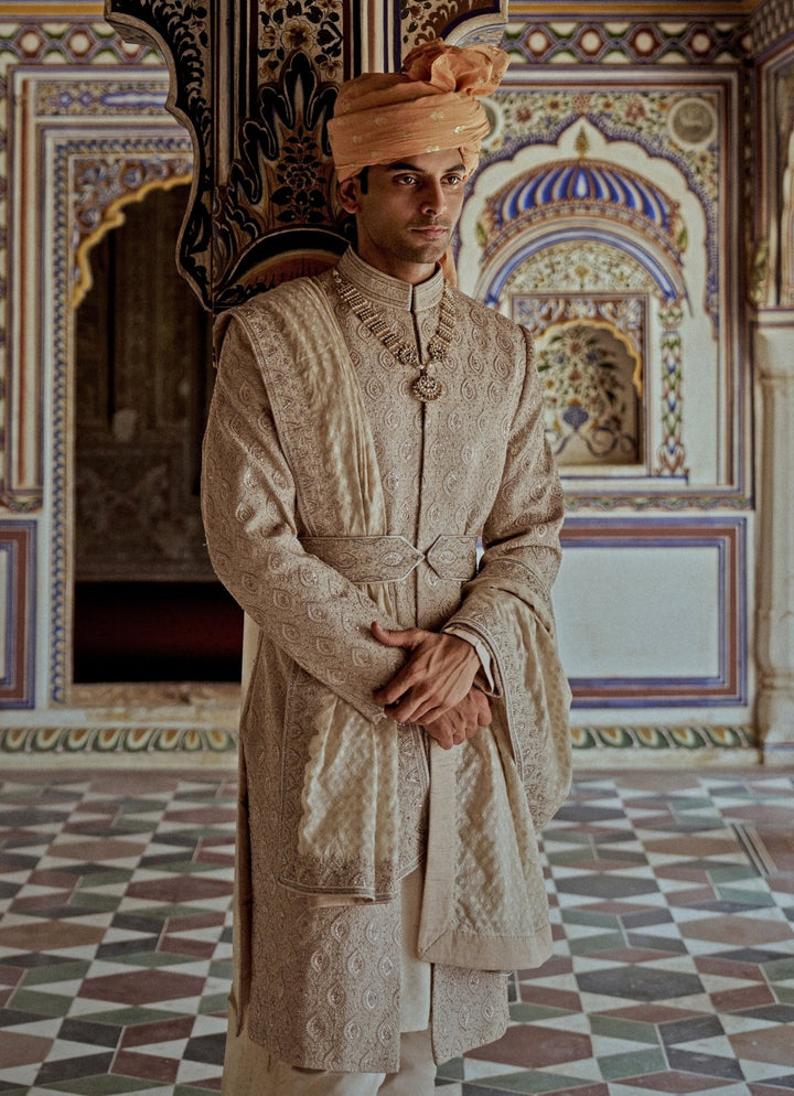 Beige Embroidered Silk Sherwani Nitika Gujral - Men - Fabilicious Fashion