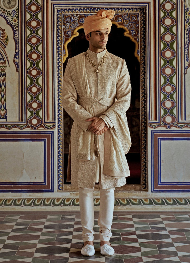 Beige Embroidered Silk Sherwani Nitika Gujral - Men - Fabilicious Fashion