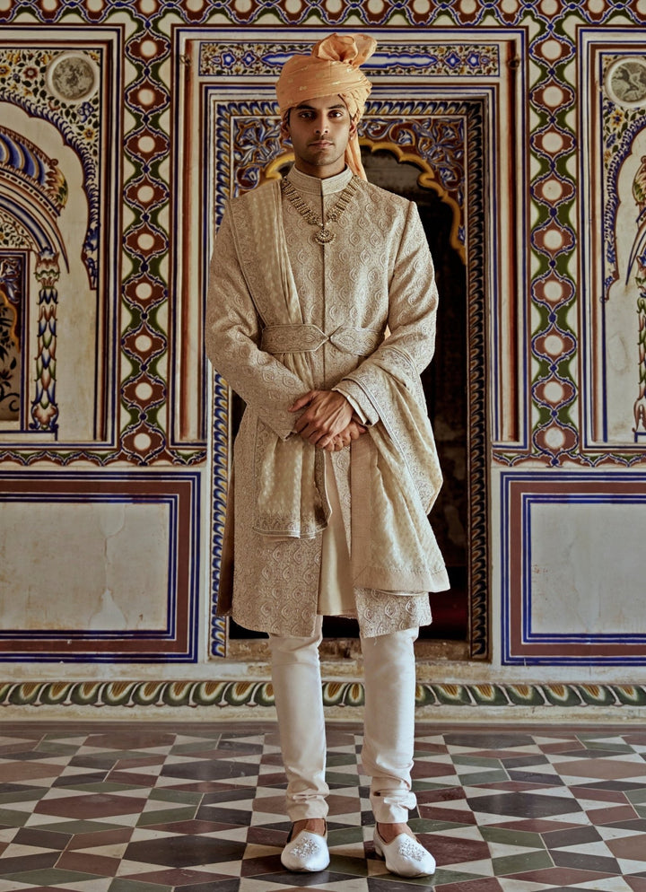 Beige Embroidered Silk Sherwani Nitika Gujral - Men - Fabilicious Fashion