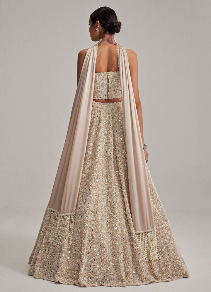 Beige Gold Bridal Lehenga Set With Corset Blouse Vvani by Vani Vats - Fabilicious Fashion