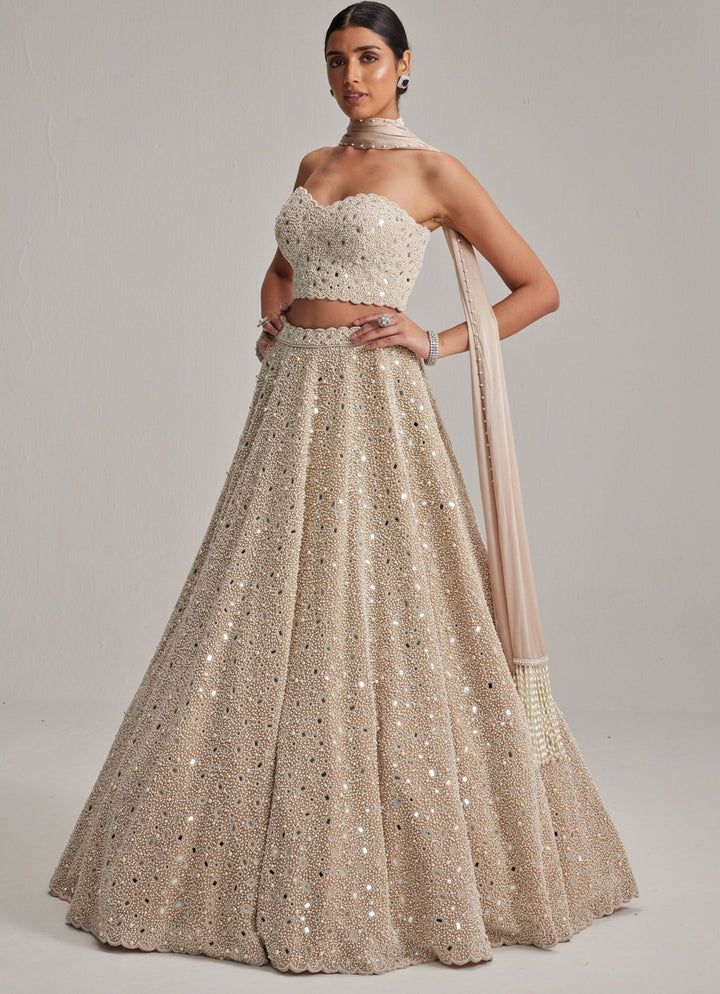 Beige Gold Bridal Lehenga Set With Corset Blouse Vvani by Vani Vats - Fabilicious Fashion
