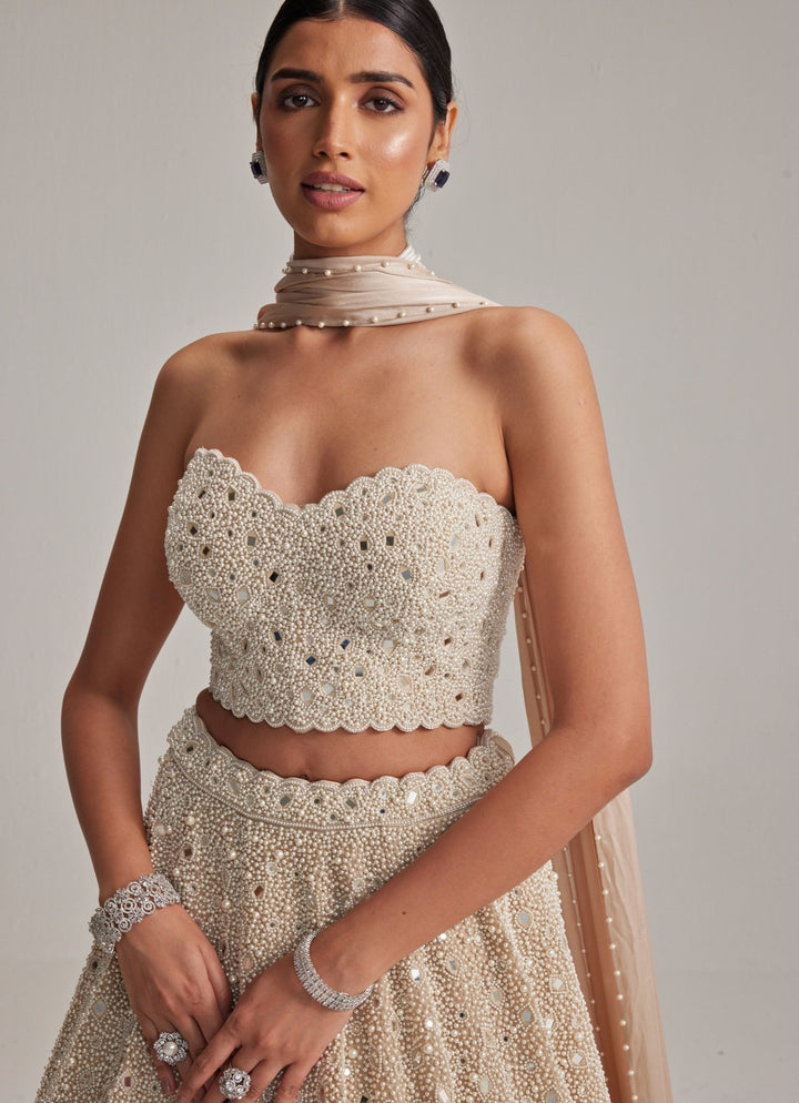 Beige Gold Bridal Lehenga Set With Corset Blouse Vvani by Vani Vats - Fabilicious Fashion