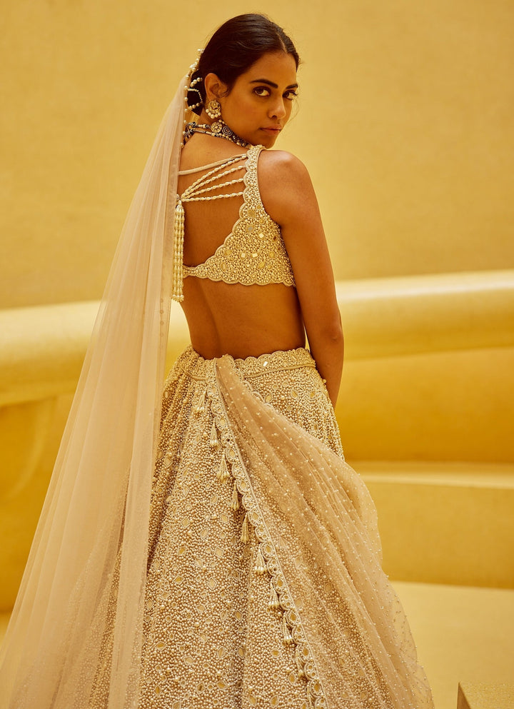 Beige Gold Bridal Lehenga With Double Dupatta And Veil Vvani by Vani Vats - Fabilicious Fashion