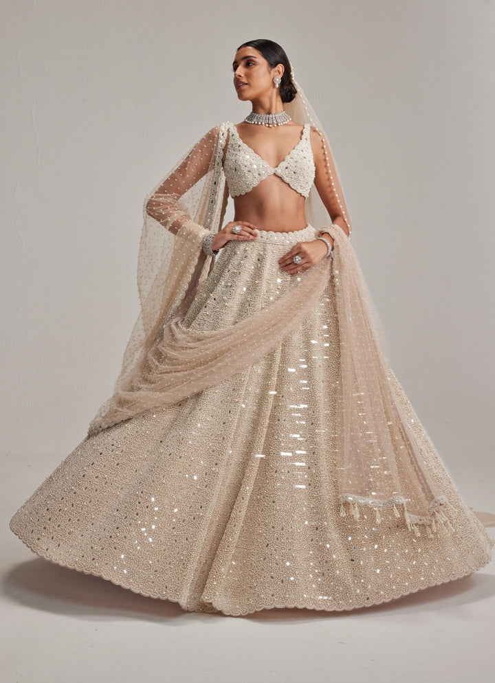 Beige Gold Bridal Lehenga With Double Dupatta And Veil Vvani by Vani Vats - Fabilicious Fashion