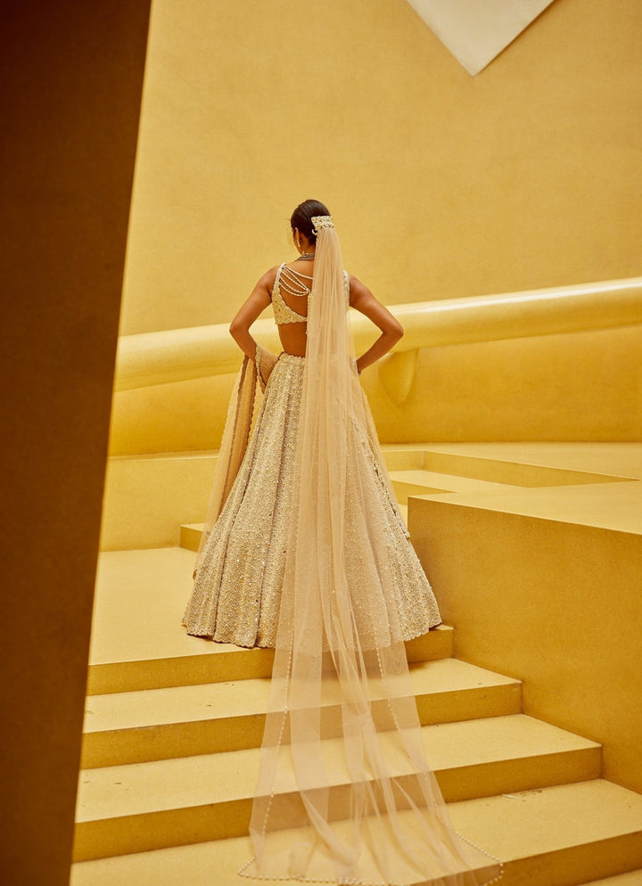 Beige Gold Bridal Lehenga With Double Dupatta And Veil Vvani by Vani Vats - Fabilicious Fashion
