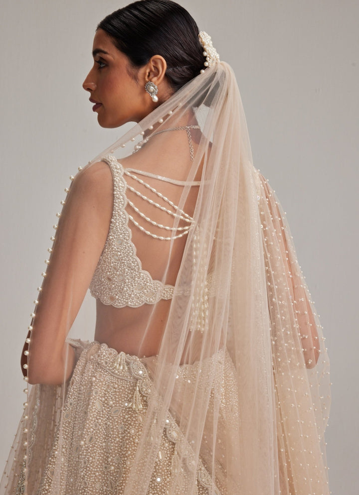 Beige Gold Bridal Lehenga With Double Dupatta And Veil Vvani by Vani Vats - Fabilicious Fashion
