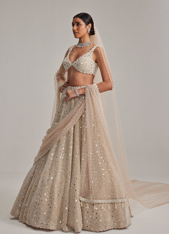 Beige Gold Bridal Lehenga With Double Dupatta And Veil Vvani by Vani Vats - Fabilicious Fashion