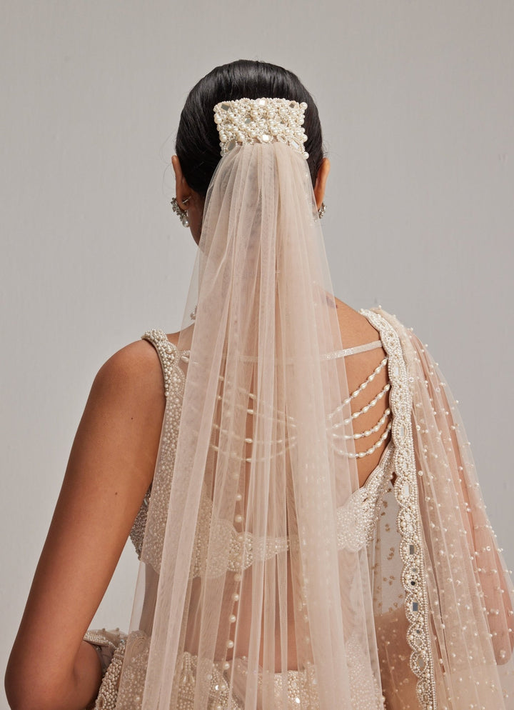 Beige Gold Bridal Lehenga With Double Dupatta And Veil Vvani by Vani Vats - Fabilicious Fashion