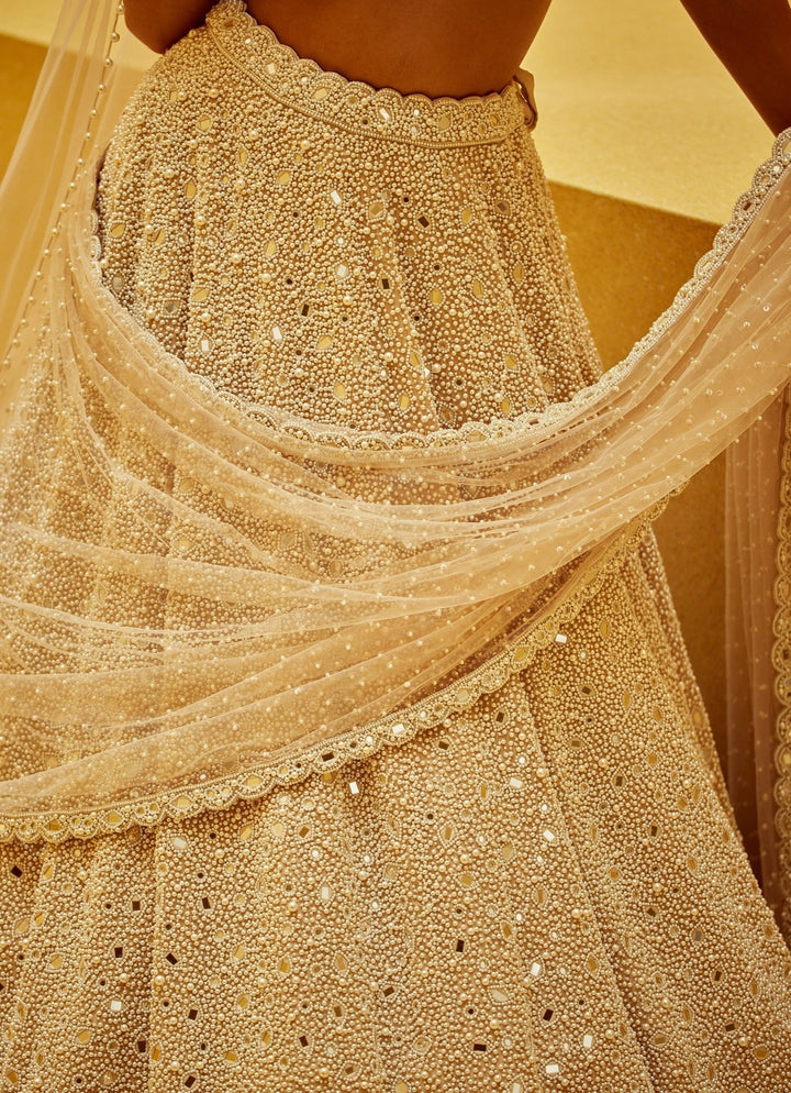 Beige Gold Bridal Lehenga With Double Dupatta And Veil Vvani by Vani Vats - Fabilicious Fashion