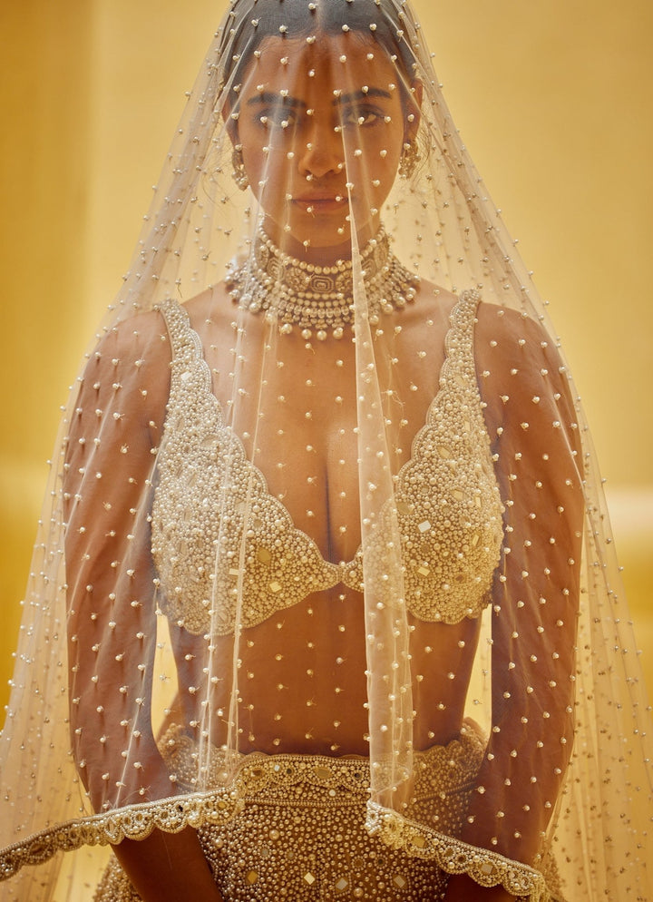 Beige Gold Bridal Lehenga With Double Dupatta And Veil Vvani by Vani Vats - Fabilicious Fashion