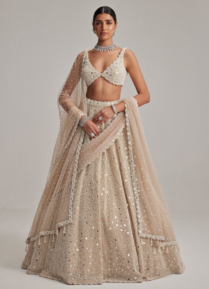 Beige Gold Bridal Lehenga With Double Dupatta And Veil Vvani by Vani Vats - Fabilicious Fashion