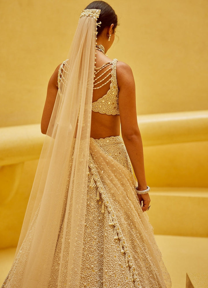 Beige Gold Bridal Lehenga With Double Dupatta And Veil Vvani by Vani Vats - Fabilicious Fashion
