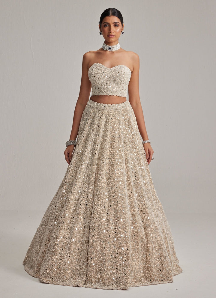 Beige Gold Bridal Organza Lehenga With Corset Blouse Vvani by Vani Vats - Fabilicious Fashion