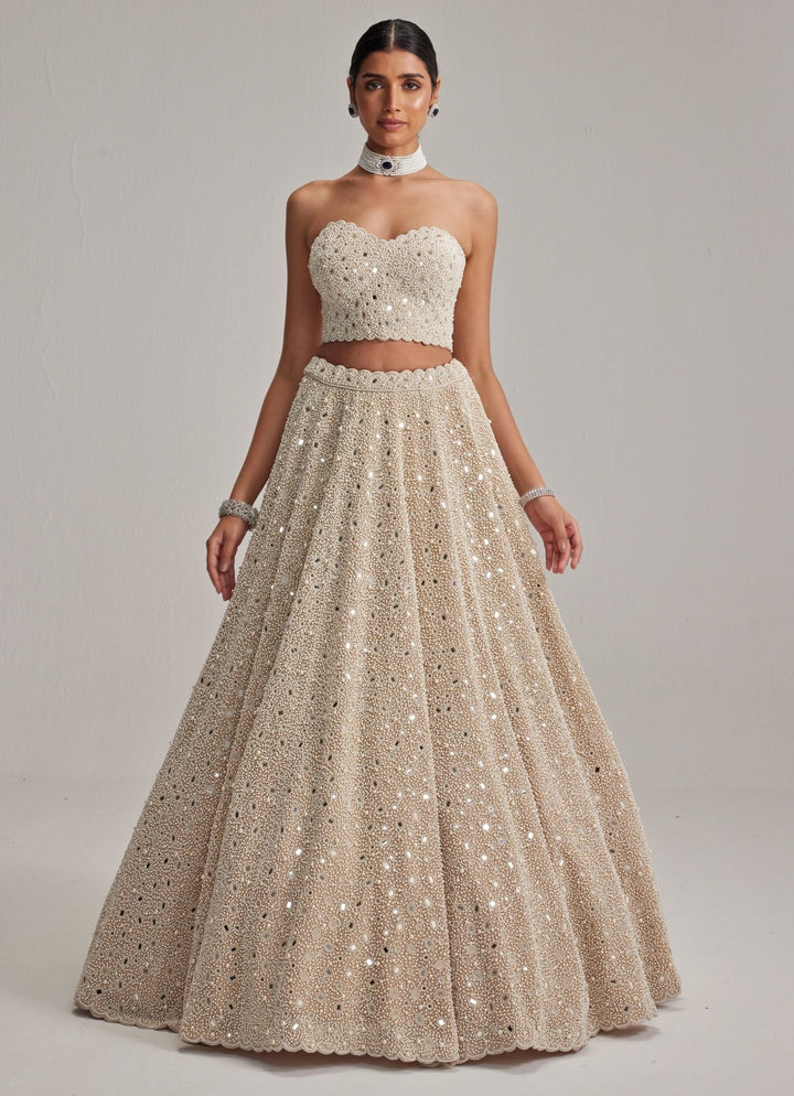 Beige Gold Bridal Organza Lehenga With Corset Blouse Vvani by Vani Vats - Fabilicious Fashion