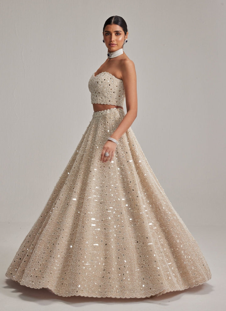 Beige Gold Bridal Organza Lehenga With Corset Blouse Vvani by Vani Vats - Fabilicious Fashion