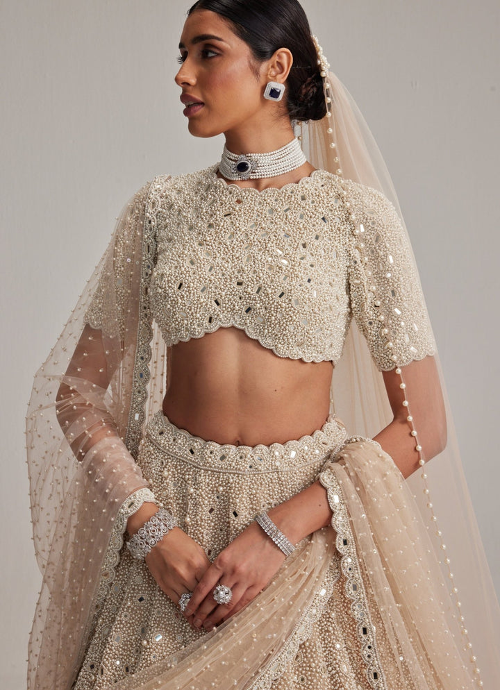 Beige Gold Classic Bridal Lehenga With Double Dupatta And Veil Vvani by Vani Vats - Fabilicious Fashion