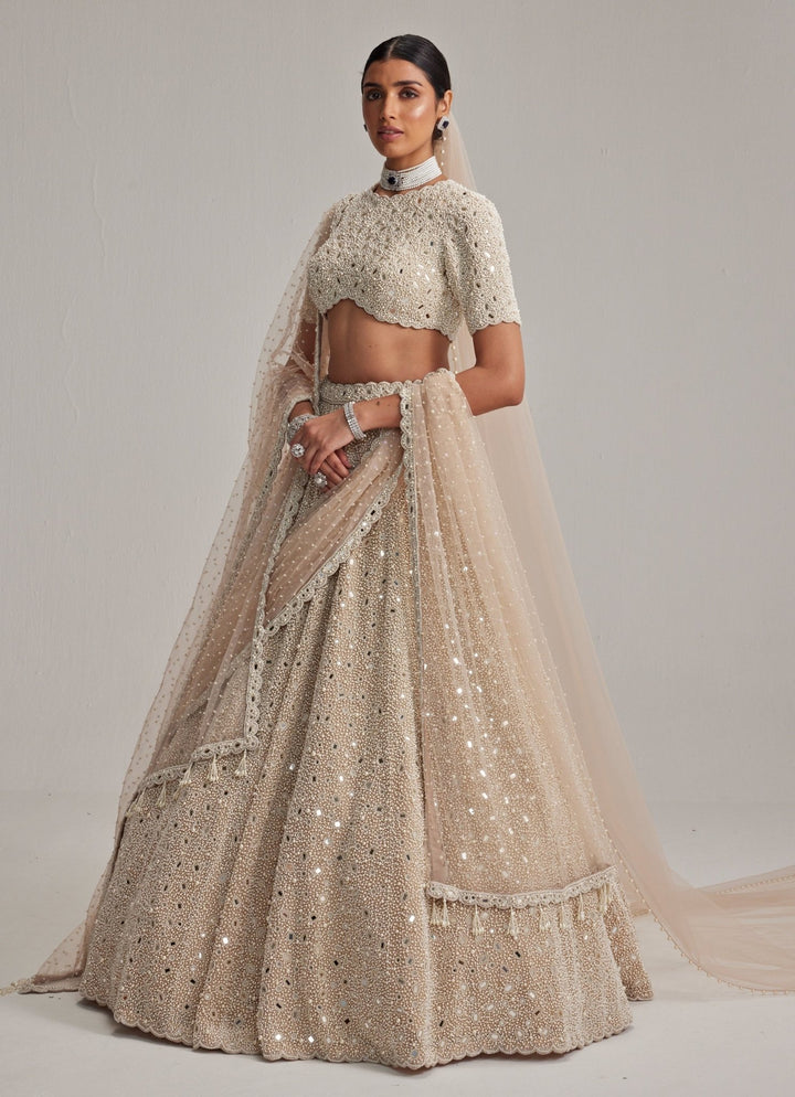 Beige Gold Classic Bridal Lehenga With Double Dupatta And Veil Vvani by Vani Vats - Fabilicious Fashion