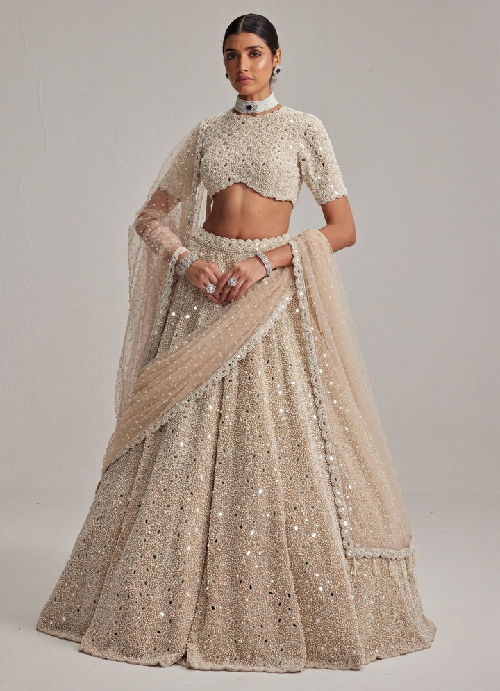 Beige Gold Classic Bridal Lehenga With Double Dupatta And Veil Vvani by Vani Vats - Fabilicious Fashion