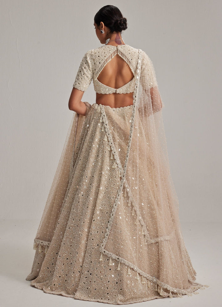 Beige Gold Classic Bridal Lehenga With Double Dupatta And Veil Vvani by Vani Vats - Fabilicious Fashion