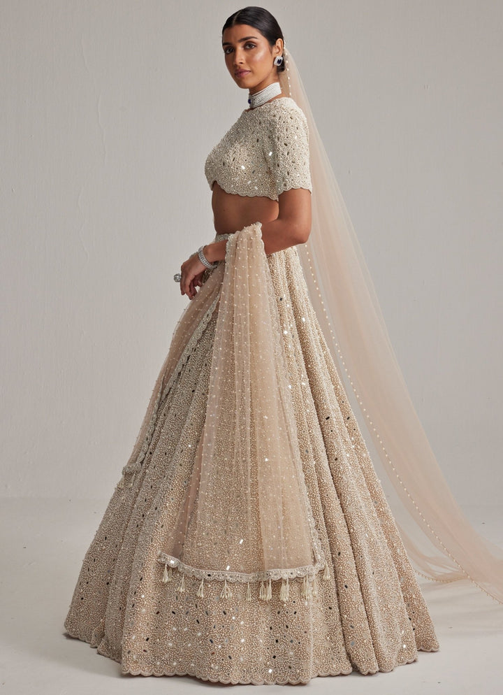 Beige Gold Classic Bridal Lehenga With Double Dupatta And Veil Vvani by Vani Vats - Fabilicious Fashion