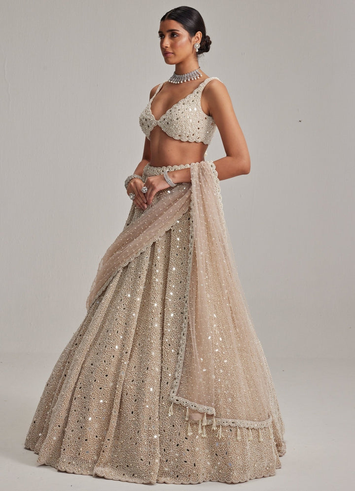 Beige Gold Embroidered Bridal Lehenga Set Vvani by Vani Vats - Fabilicious Fashion