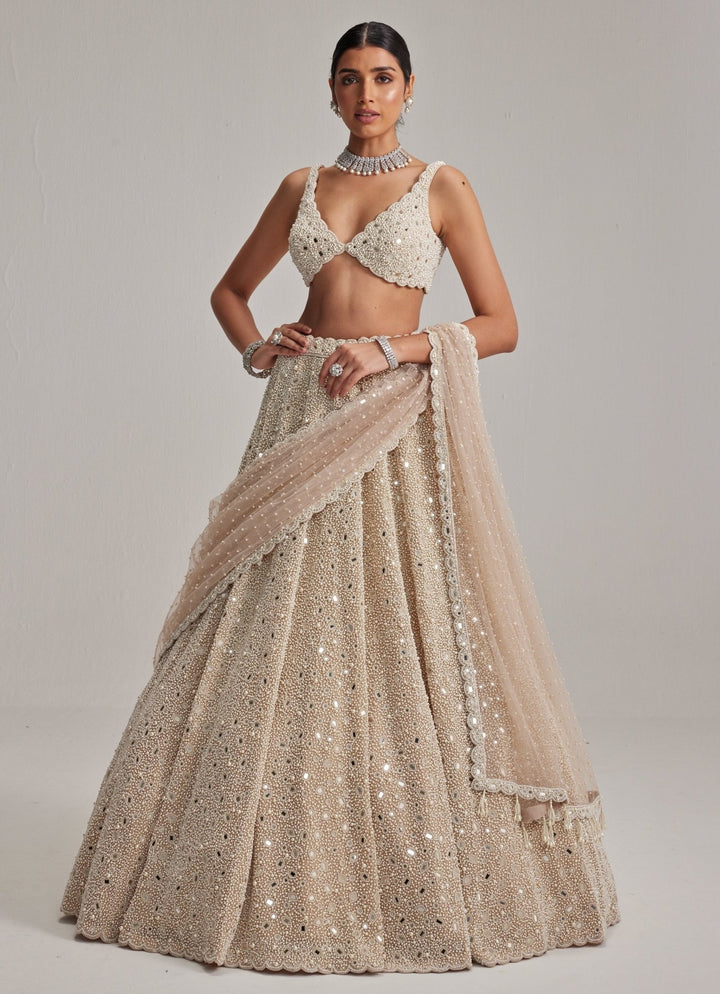 Beige Gold Embroidered Bridal Lehenga Set Vvani by Vani Vats - Fabilicious Fashion
