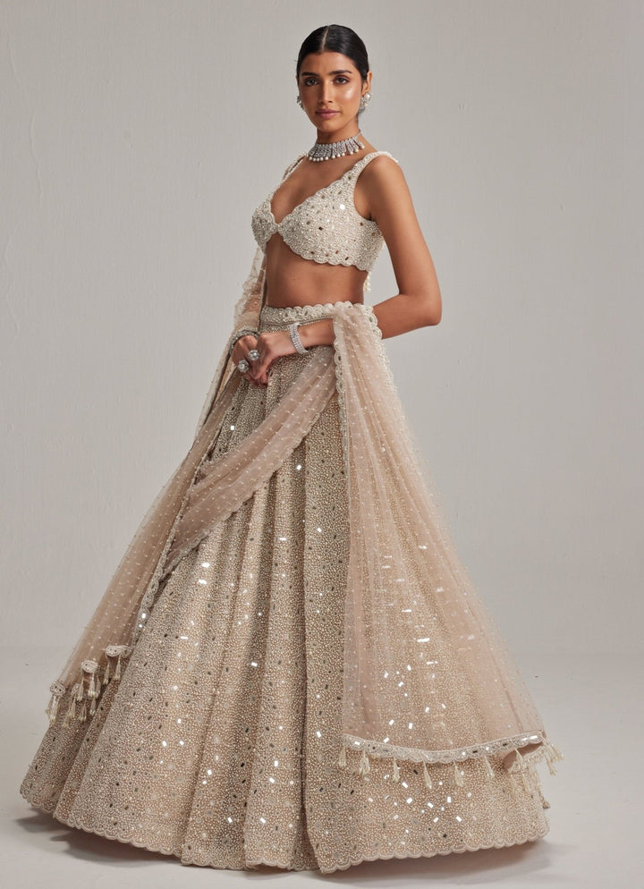 Beige Gold Embroidered Bridal Lehenga With Double Dupatta Vvani by Vani Vats - Fabilicious Fashion