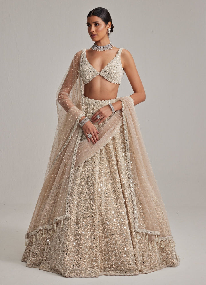 Beige Gold Embroidered Bridal Lehenga With Double Dupatta Vvani by Vani Vats - Fabilicious Fashion