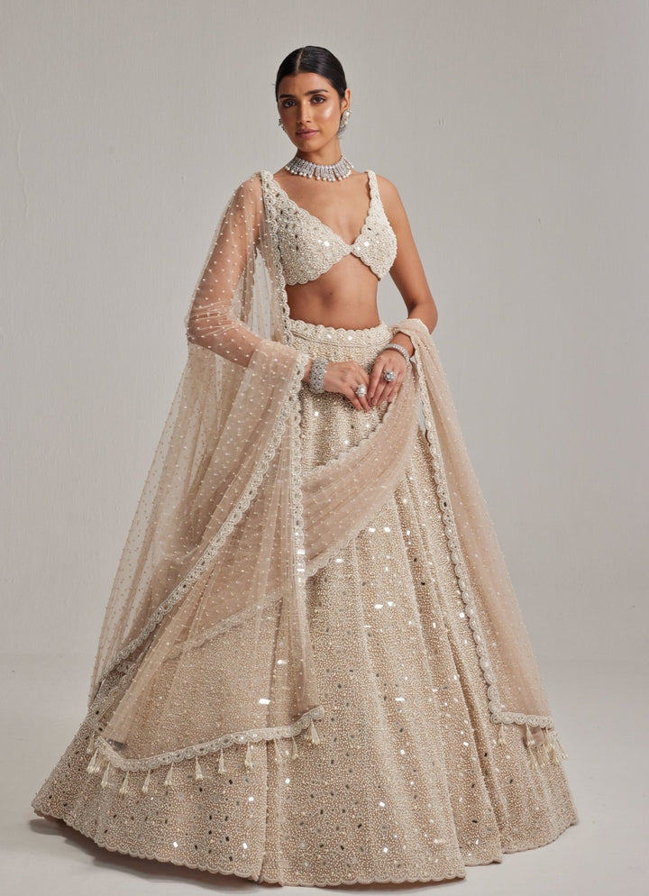 Beige Gold Embroidered Bridal Lehenga With Double Dupatta Vvani by Vani Vats - Fabilicious Fashion